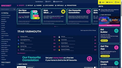 BresBet desktop home screen with upcoming horse and greyhound racing markets