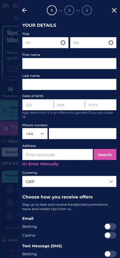 BresBet registration form requesting personal details