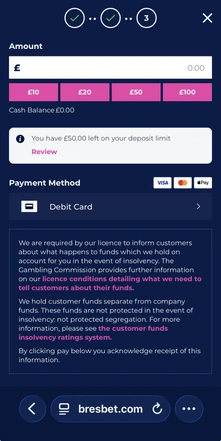 Deposit amount screen on the BresBet mobile site